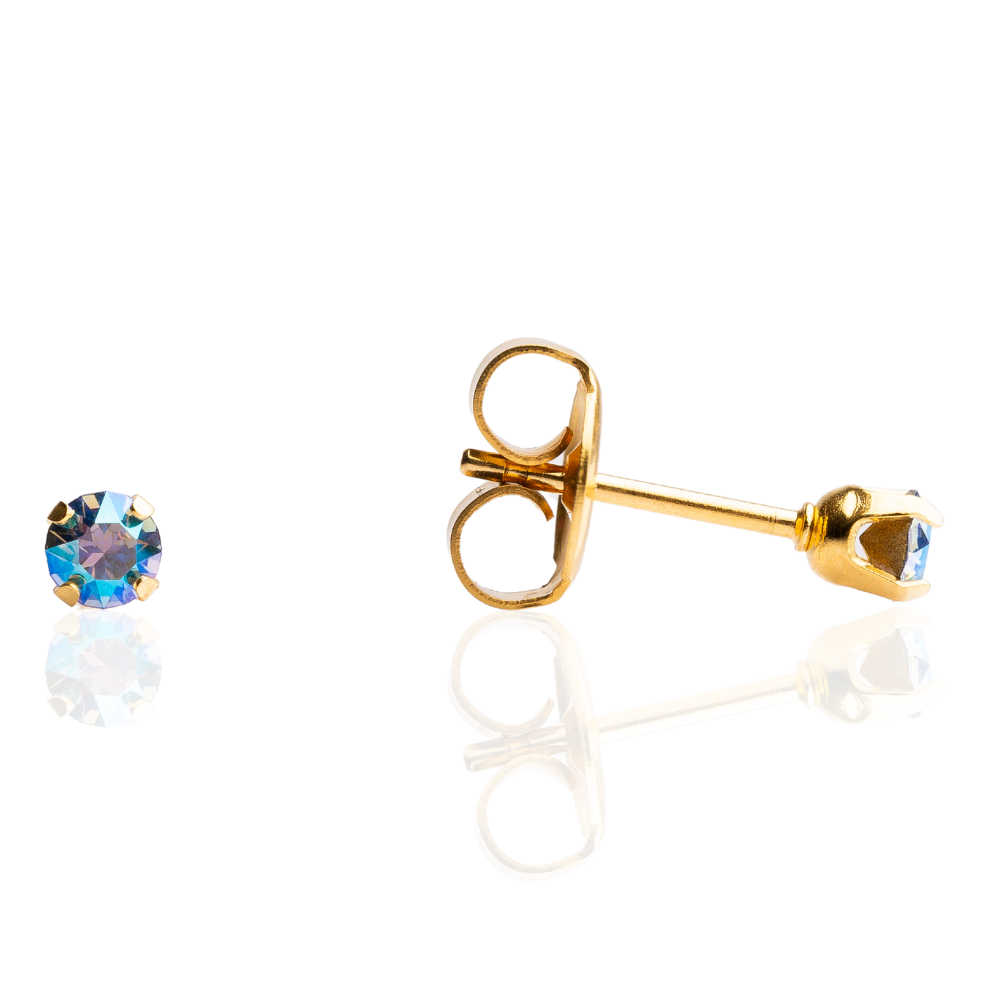 Sensitive Sterilized Shimmers Crystal Studs - Sapphire Shimmer - 3mm Gold Plated