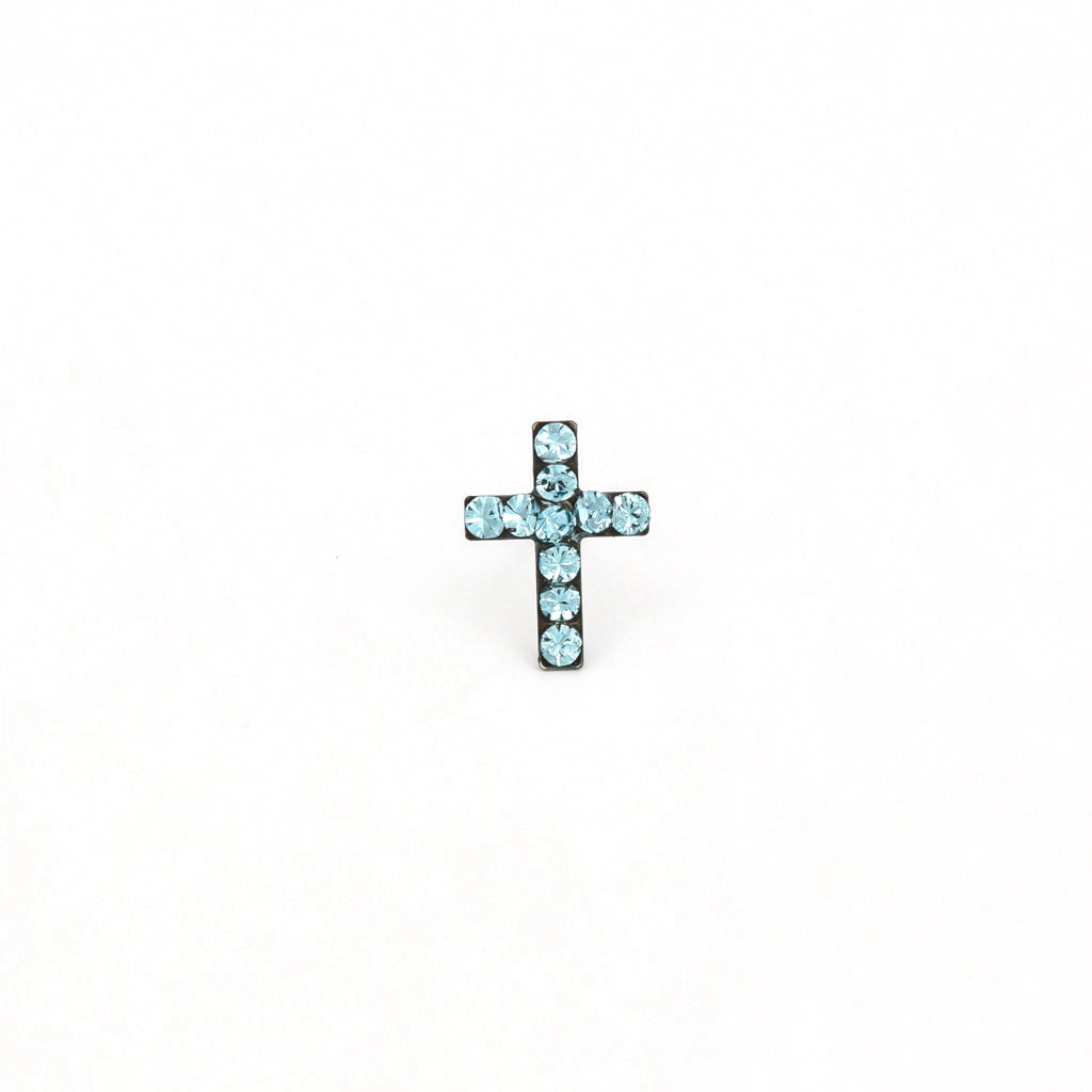 Sensitive Puff Pad Fashion - Cross - March Aquamarine Crystal - Stainless Steel