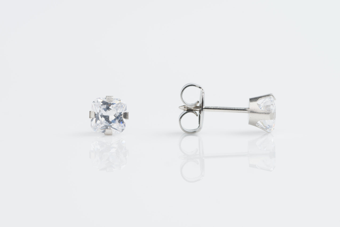 System 75™ Prong Set Princess Cut Piercing Studs - 5x5 - Cubic Zirconia - Stainless Steel