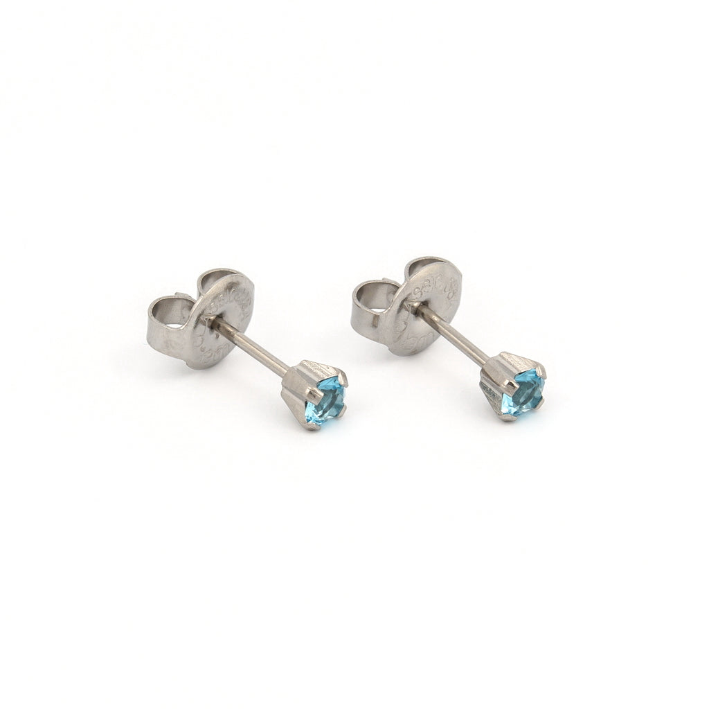 System 75™ Prong Set Birthstone Piercing Studs - 3mm - March Aquamarine Crystal - Stainless Steel