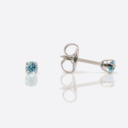 System 75  Prong Set Birthstone Piercing Studs - 3mm - March Aquamarine Crystal - Stainless Steel