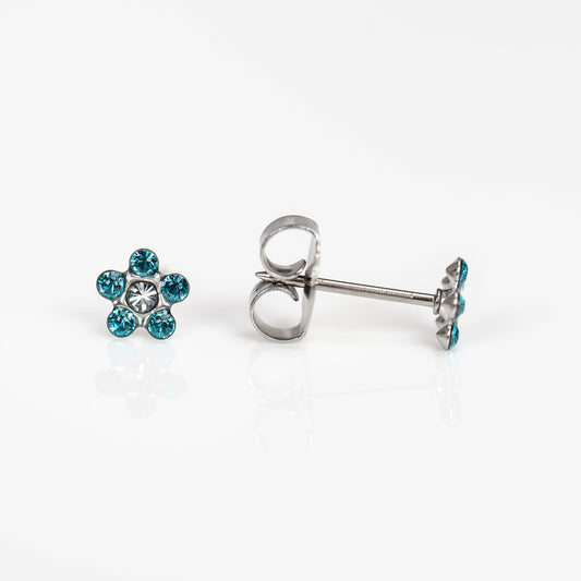 System 75  Daisy Birthstone Piercing Studs - Blue Cubic Zirconia - Regular Post - Stainless Steel