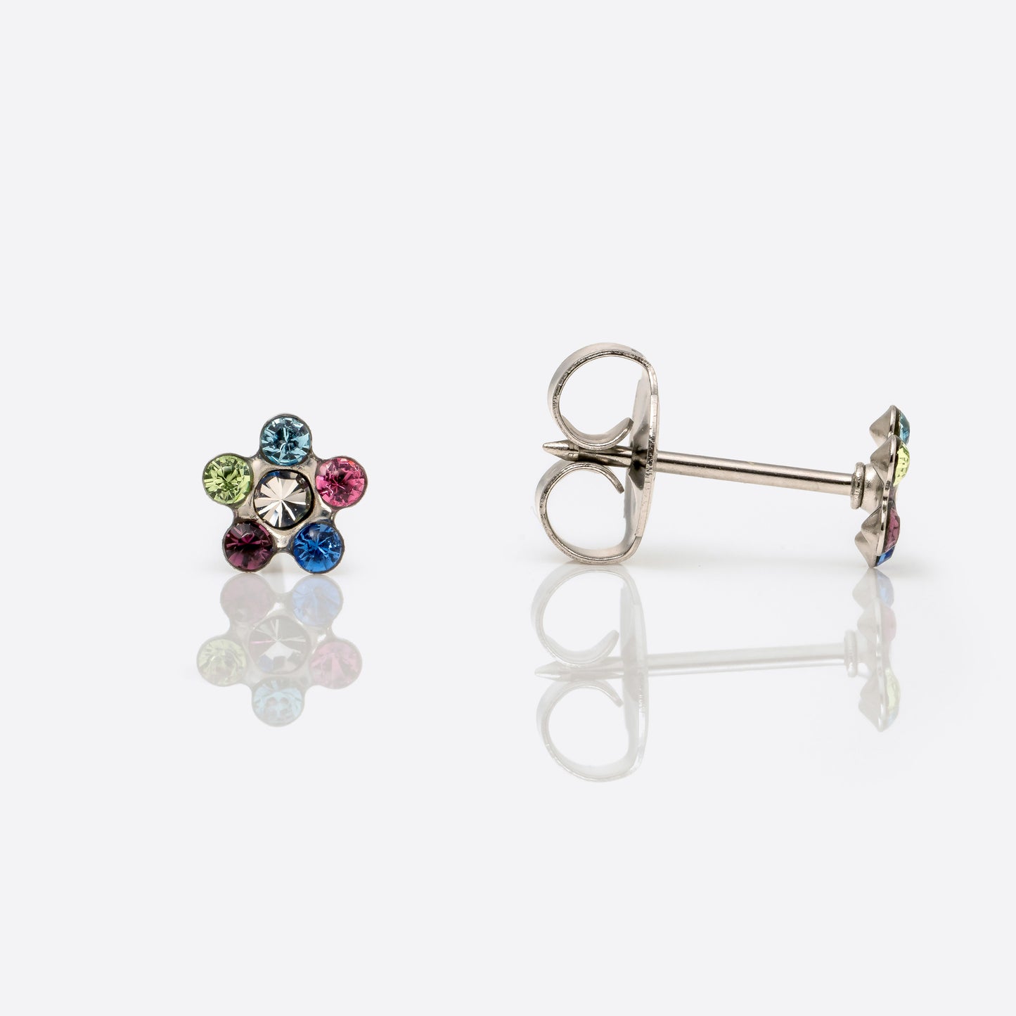 System 75  Daisy Birthstone Piercing Studs - Rainbow Crystal - Regular Post - Stainless Steel