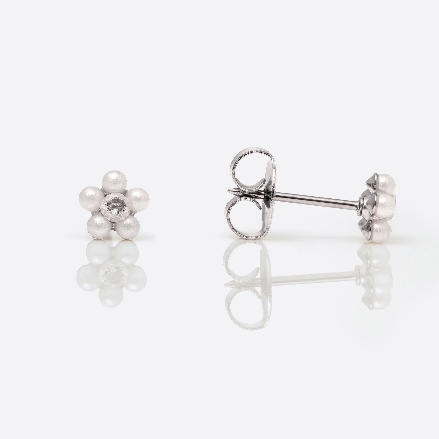 System 75  Daisy Birthstone Piercing Studs - Pearl/Cubic Zirconia - Regular Post - Stainless Steel