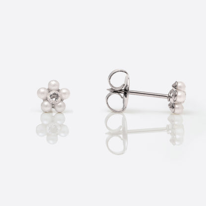 System 75  Daisy Birthstone Piercing Studs - Pearl/Cubic Zirconia - Regular Post - Stainless Steel