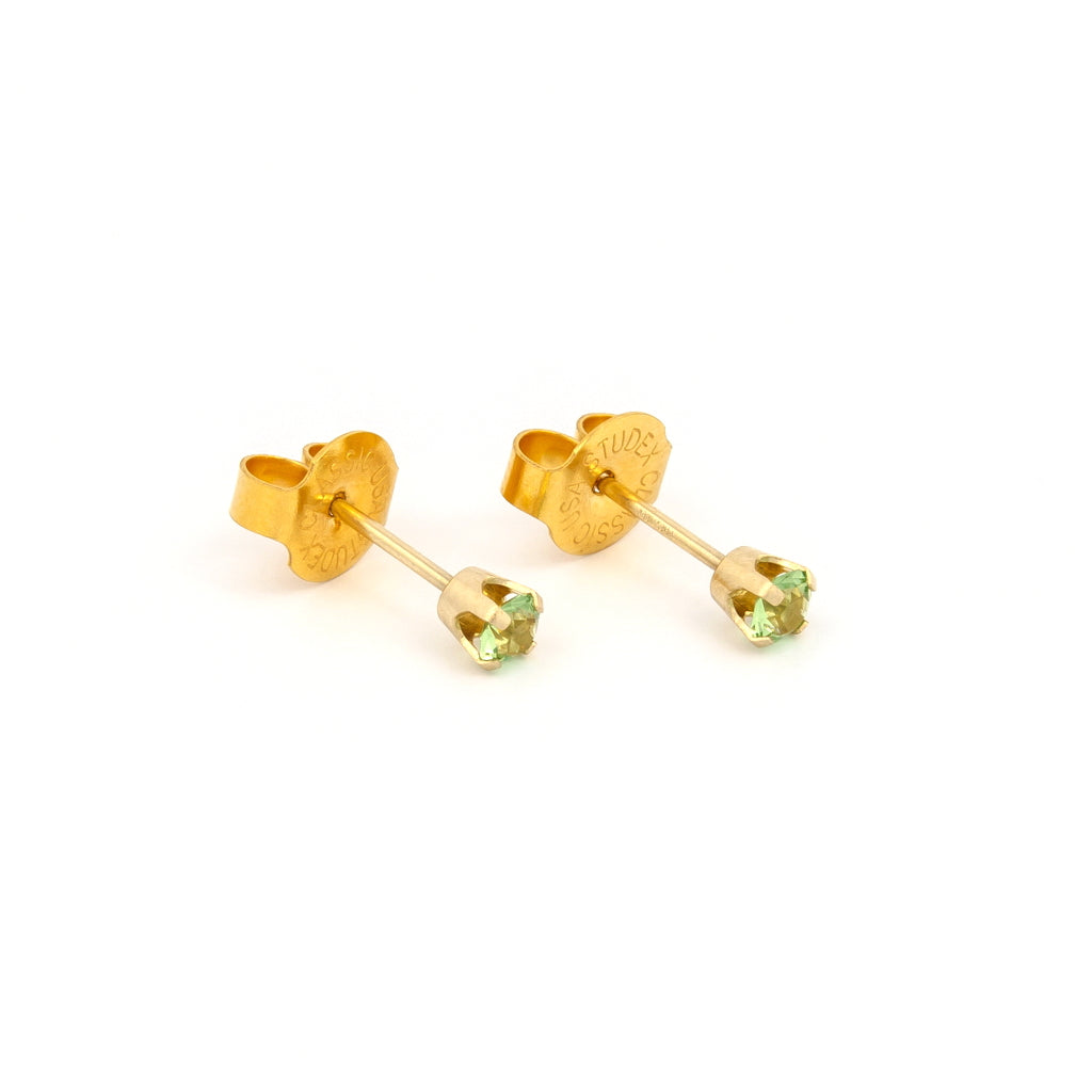 System 75™ Prong Set Birthstone Piercing Studs - 3mm - August Peridot Crystal - 14K Yellow Gold