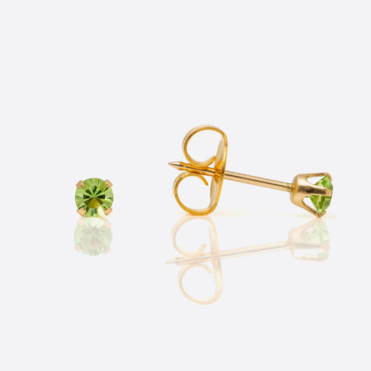 System 75  Prong Set Birthstone Piercing Studs - 3mm - August Peridot Crystal - 14K Yellow Gold
