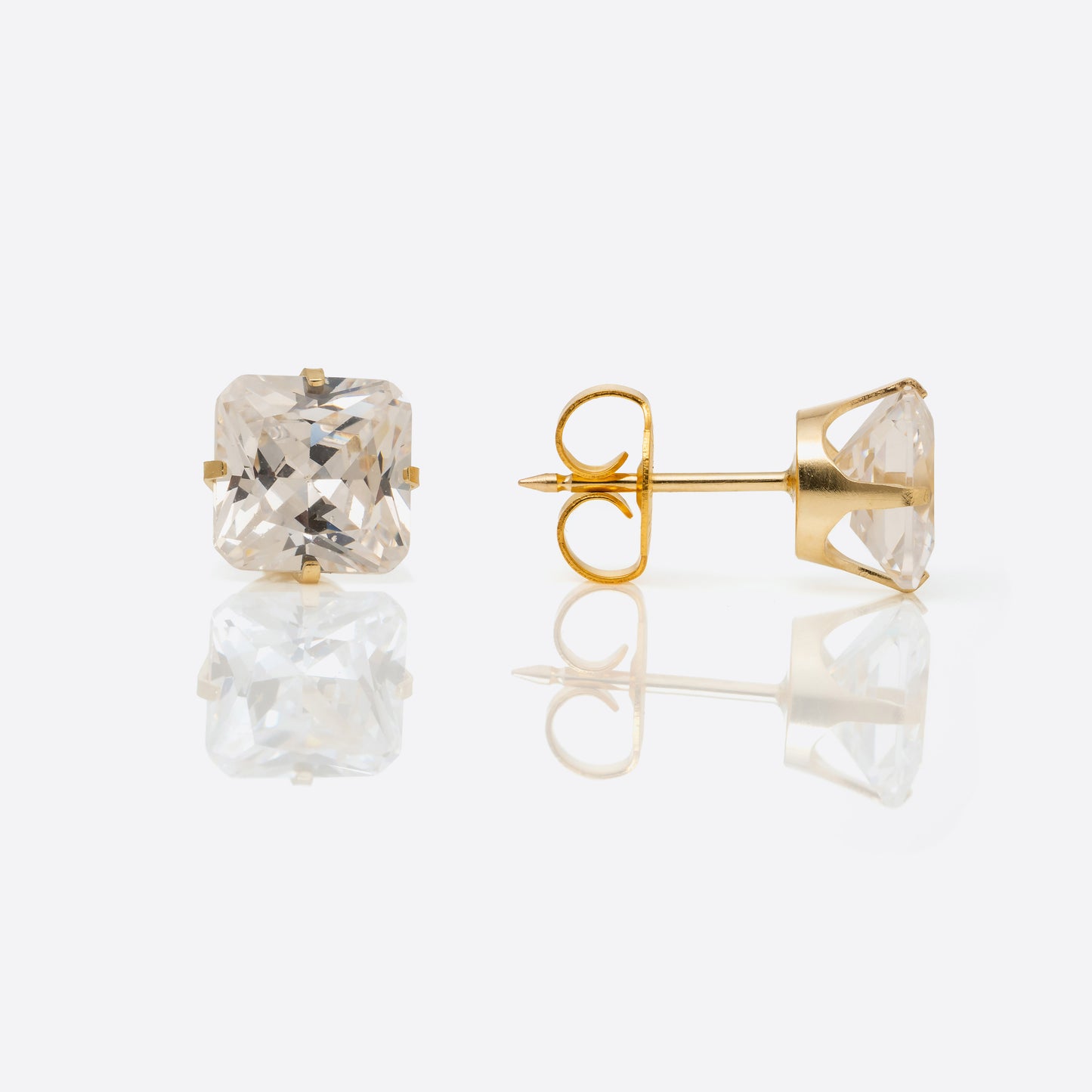 System 75  Prong Set Princess Cut Piercing Studs - 7x7 - Cubic Zirconia - 14K Yellow Gold