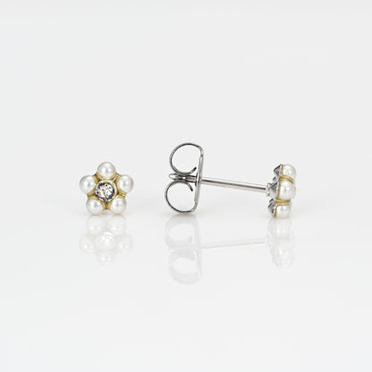 System 75 Daisy Piercing Studs - White Pearl/April Crystal - 14K White Gold