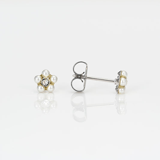 System 75 Daisy Piercing Studs - White Pearl/April Crystal - 14K White Gold