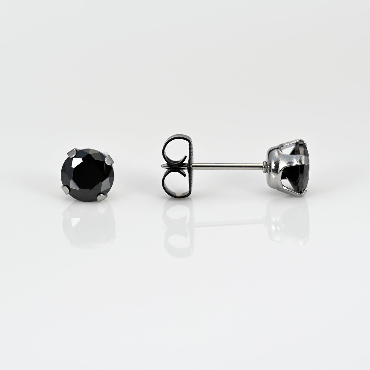 System 75  Prong Set Black CZ / Stainless Steel Piercing Studs -  6mm - Long Post - Black Cubic Zirconia