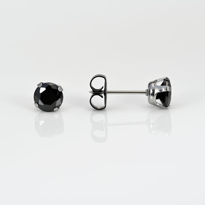 System 75  Prong Set Black CZ / Stainless Steel Piercing Studs -  6mm - Long Post - Black Cubic Zirconia