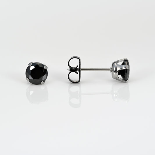 System 75  Prong Set Black CZ / Stainless Steel Piercing Studs -  6mm - Long Post - Black Cubic Zirconia