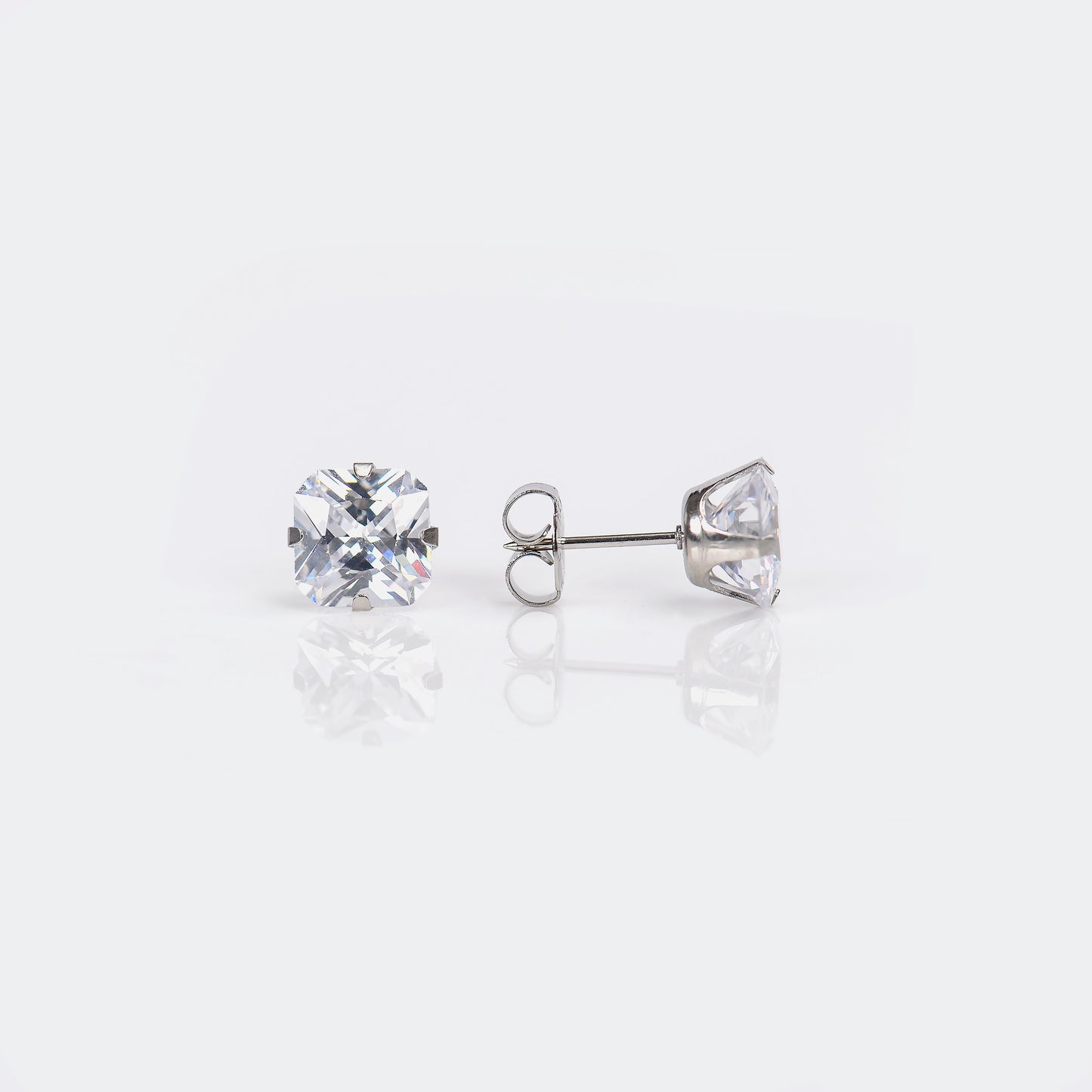 System 75™ Prong Set Princess Cut Piercing Studs - 8x8 - Cubic Zirconia - Stainless Steel