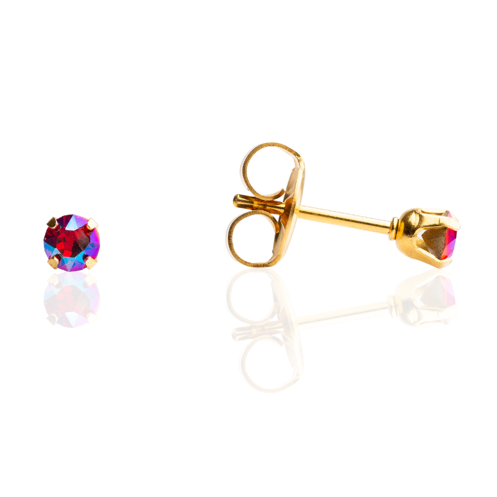 Sensitive Sterilized Shimmers Crystal Studs - Scarlet  Shimmer - 3mm Gold Plated