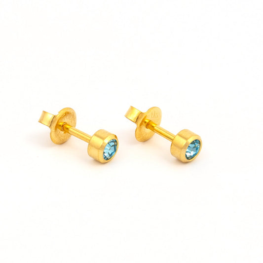 Bezel Set Birthstone Universal Flatpack Piercing Studs - Gold Plated - March Aquamarine Crystal - Large Adaptor