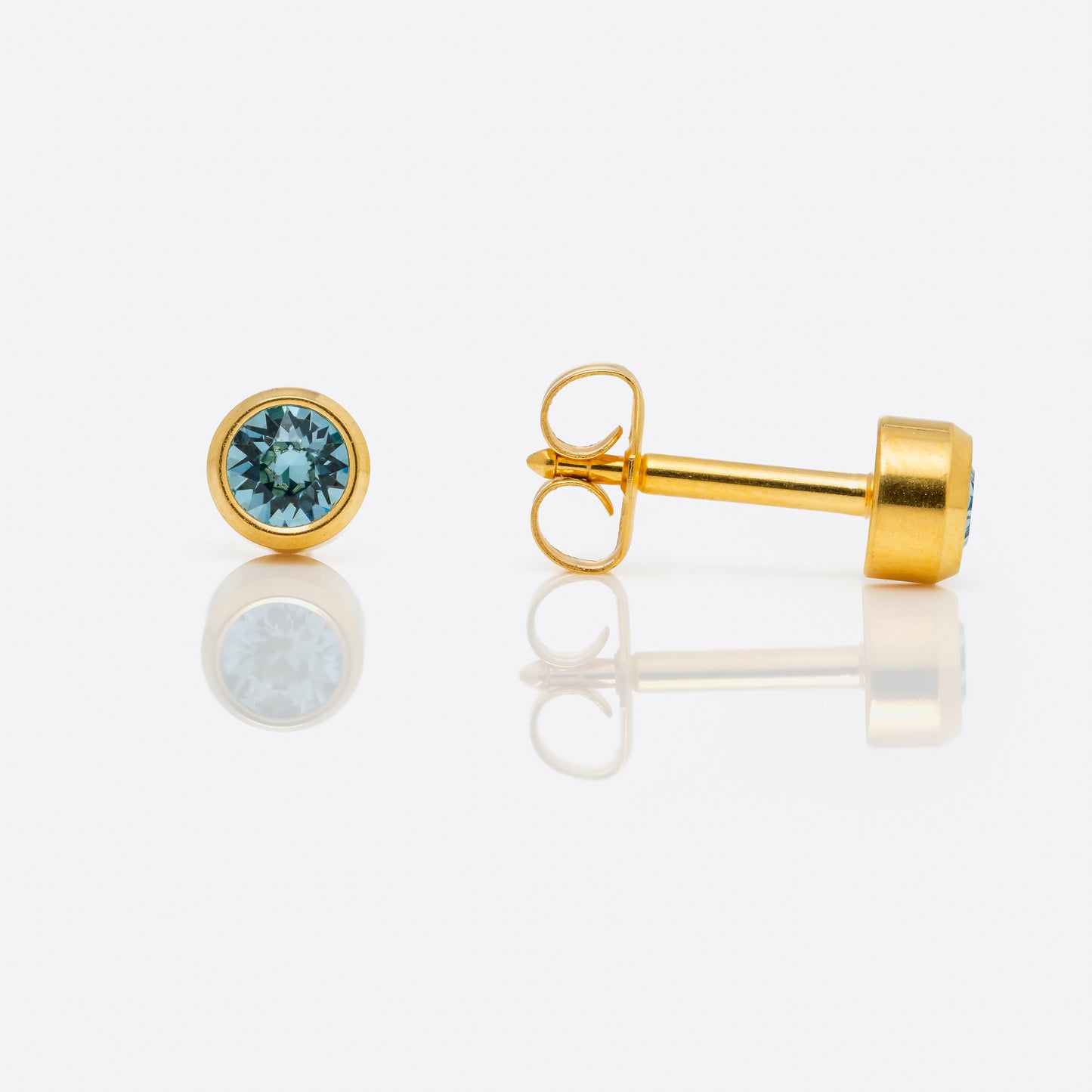 Bezel Set Birthstone Universal Flatpack Piercing Studs - Gold Plated - March Aquamarine Crystal - Large Adaptor