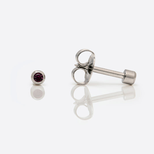 Bezel Set Birthstone Universal Flatpack Piercing Studs - Stainless Steel - February Amethyst Crystal - Mini Adaptor