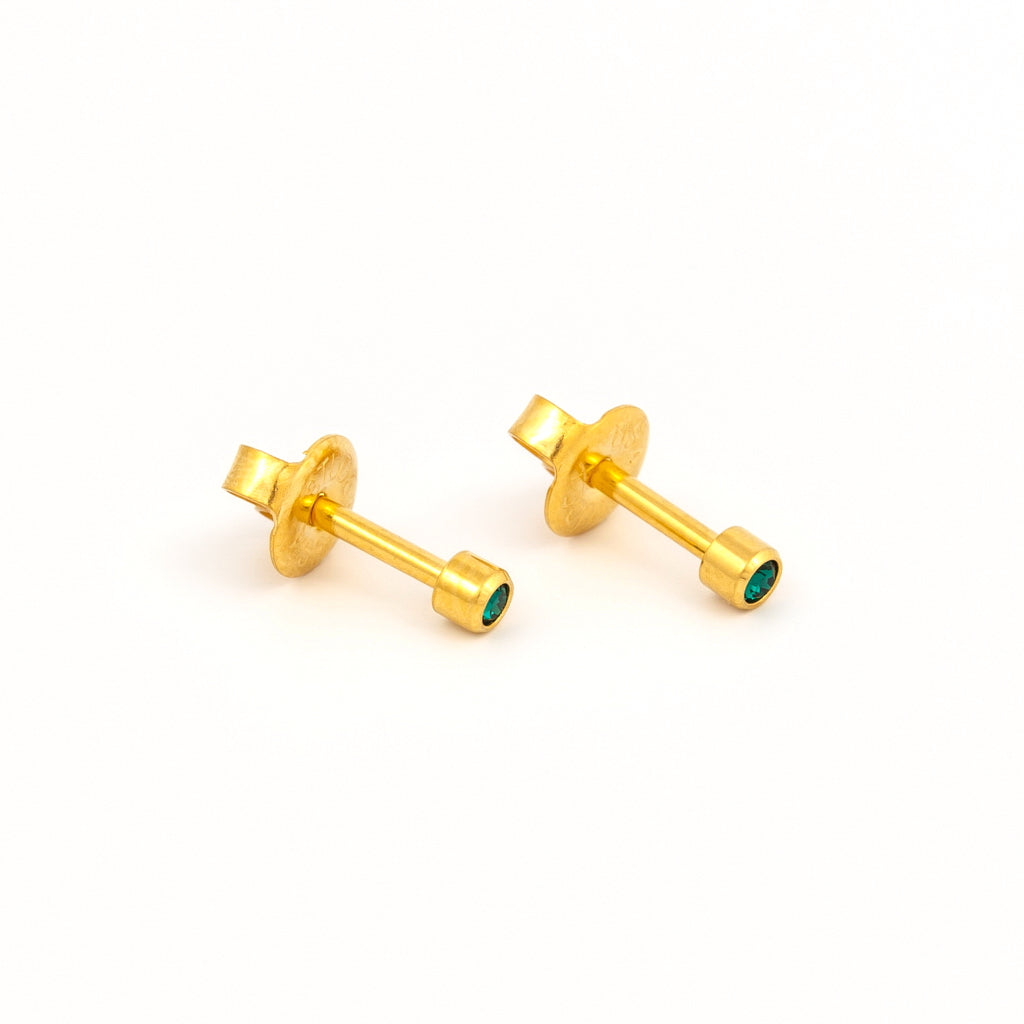 Bezel Set Birthstone Universal Flatpack Piercing Studs - Gold Plated - May Emerald Crystal - Mini Adaptor