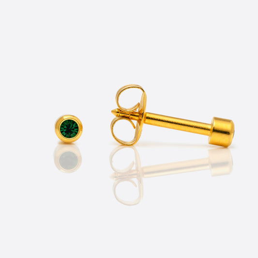 Bezel Set Birthstone Universal Flatpack Piercing Studs - Gold Plated - May Emerald Crystal - Mini Adaptor