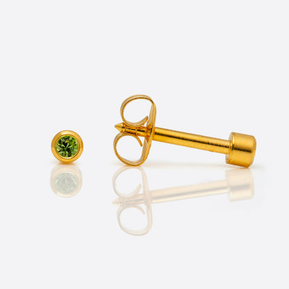 Bezel Set Birthstone Universal Flatpack Piercing Studs - Gold Plated - August Peridot Crystal - Mini Adaptor