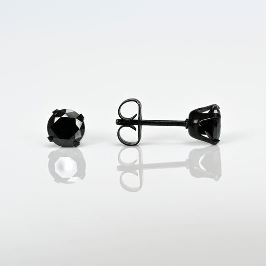 Sensitive Sterilized Fashion Prong-Set Studs - Black Cubic Zirconia - 5mm - Black Stainless Steel