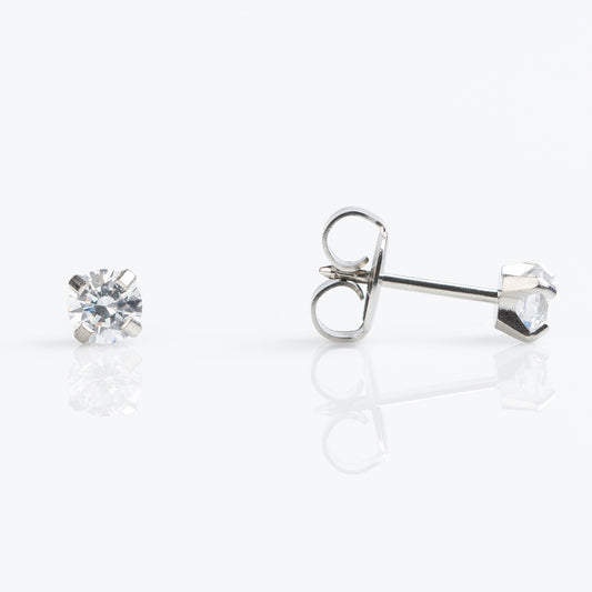 Sensitive Sterilized Prong-Set  Clear Cubic Zirconia  Fashion Studs  - 4mm -  Stainless Steel