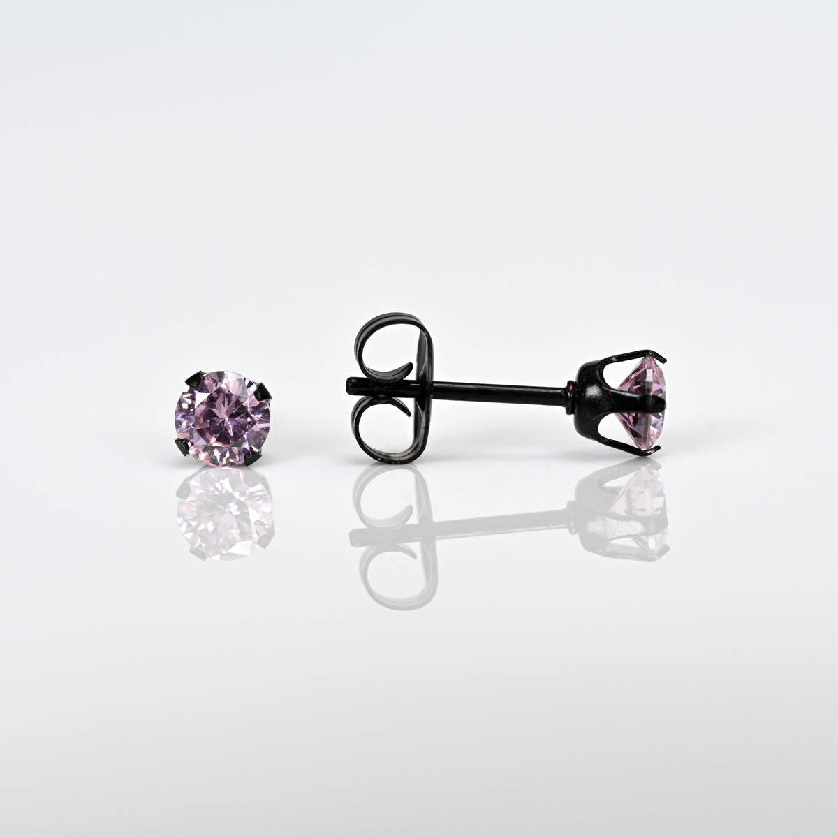 Sensitive Sterilized Fashion Prong-Set Studs - Pink Cubic Zirconia - 4mm - Black Stainless Steel