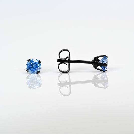 Sensitive Sterilized Fashion Prong-Set Studs - Blue Cubic Zirconia - 4mm - Black Stainless Steel