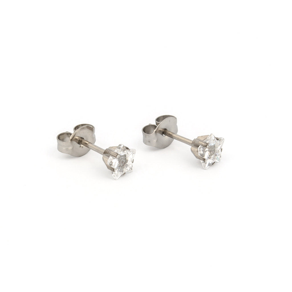 Sensitive Sterilized Star Cut Cubic Zirconia  Fashion Studs - 5mm - Stainless Steel