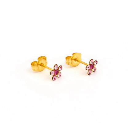 Sensitive Sterilized Daisy Cubic Zirconia Fashion Studs - Light Rose Fuchsia Crystal - Gold Plated