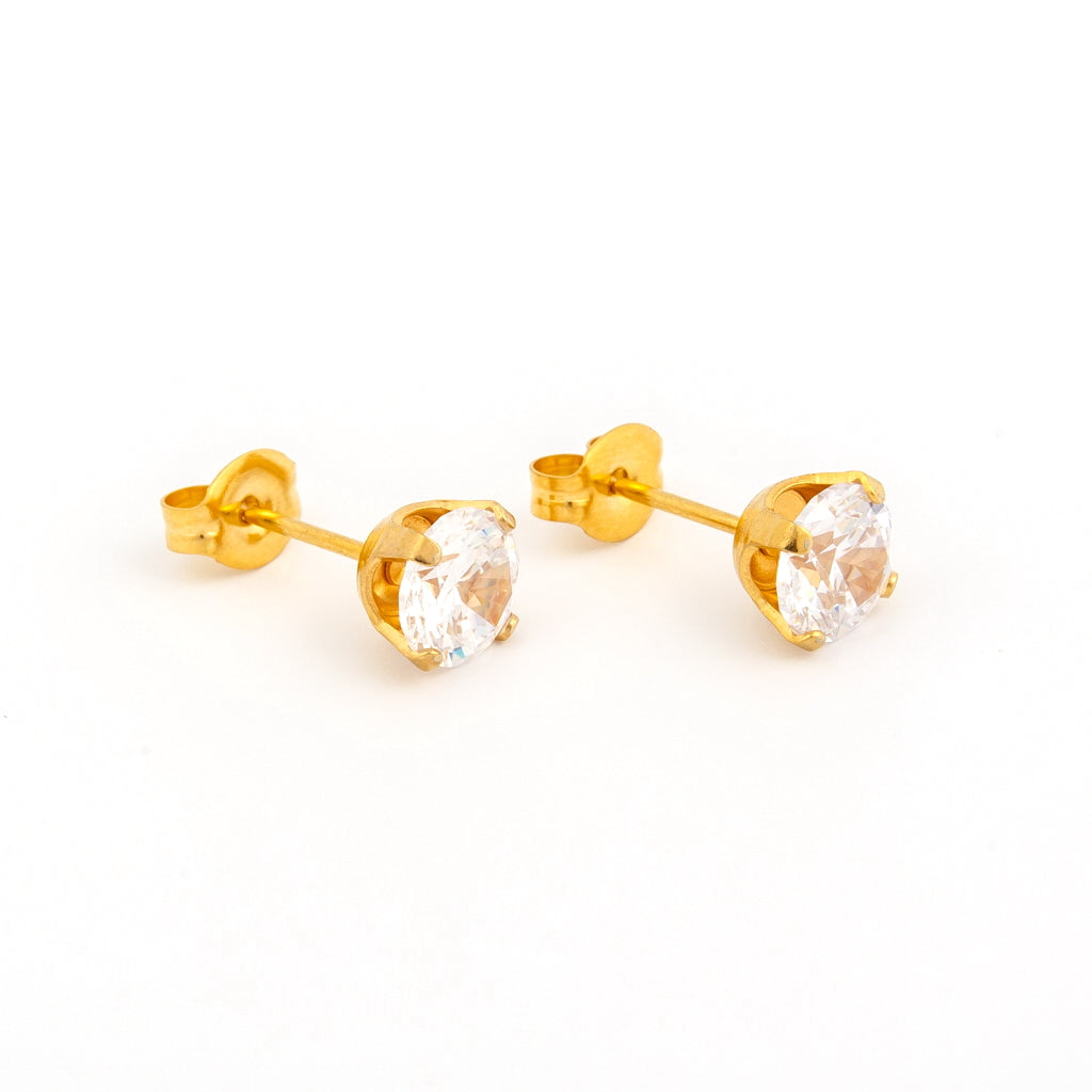 Sensitive Sterilized Prong-Set Cubic Zirconia  Fashion Studs -  Clear  cz- 6mm - Gold Plated