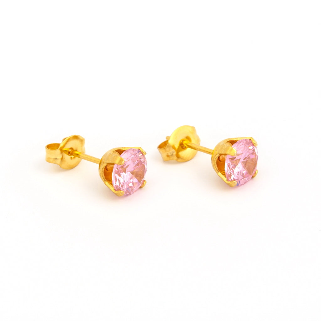 Sensitive Sterilized Prong-Set Cubic Zirconia  Fashion Studs - Pink - 6mm - Gold Plated