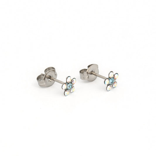 Sensitive Sterilized Daisy Cubic Zirconia Fashion Studs - AB Crystal / Aquamarine Crystal - Stainless Steel