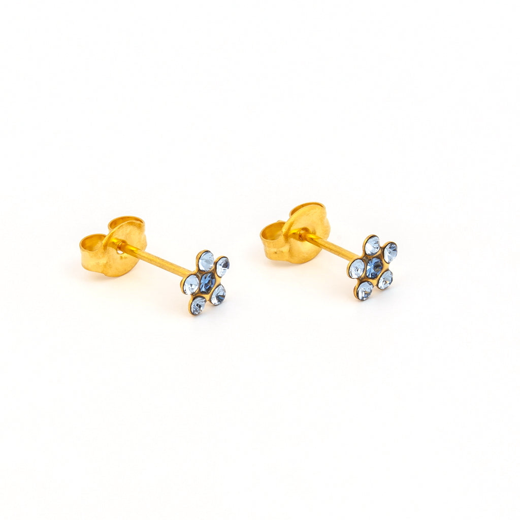 Sensitive Sterilized Daisy Cubic Zirconia  Fashion Studs - Light Sapphire Crystal  / Sapphire Crystal - Gold Plated