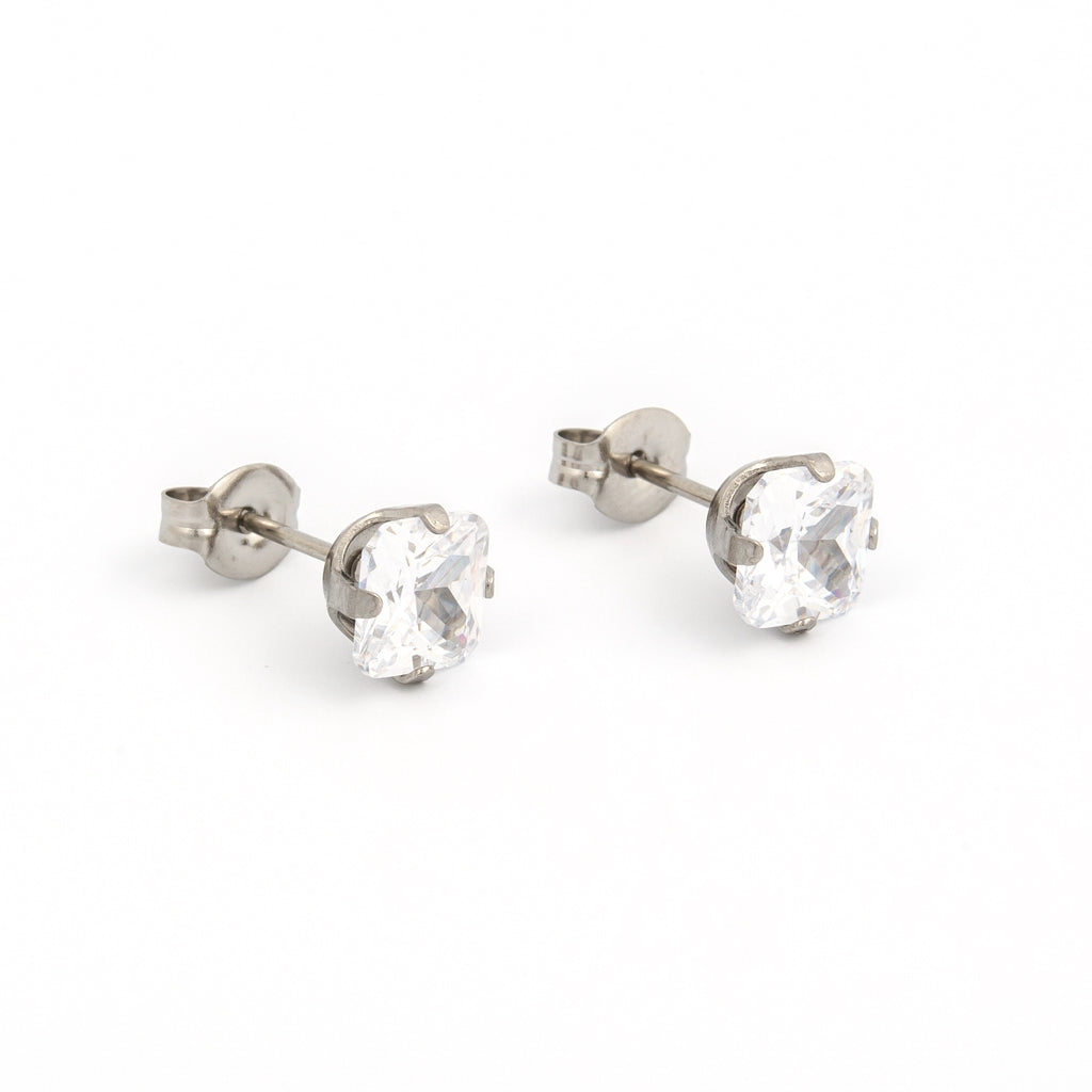 Sensitive Sterilized Prong-Set Princess-Cut Cubic Zirconia  Fashion Studs - 6x6mm - Stainless Steel