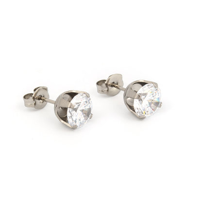 Sensitive Sterilized Prong-Set Cubic Zirconia  Fashion Studs - Clear CZ - 7mm - Stainless Steel