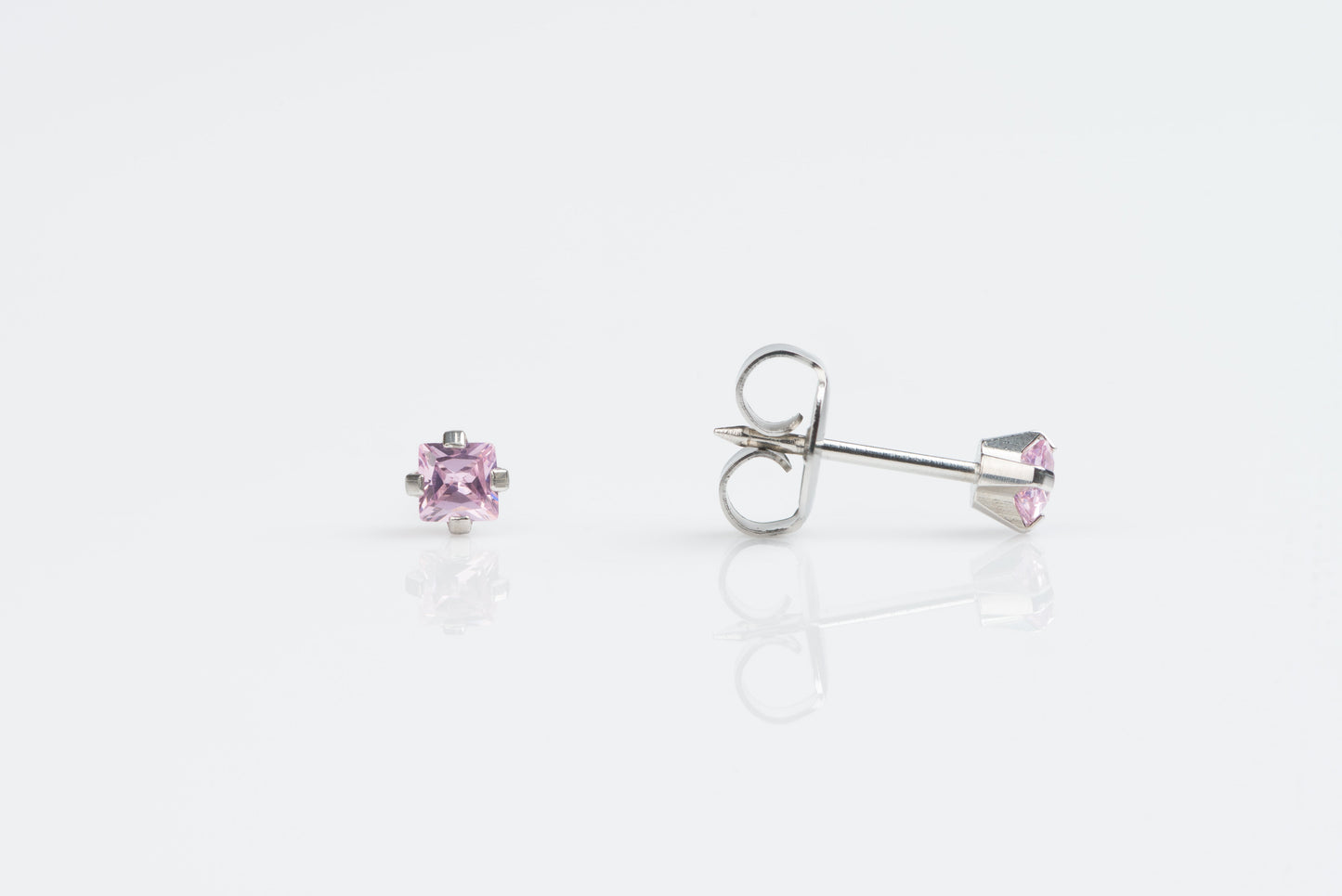 System 75™ Prong Set Princess Cut Piercing Studs - 3x3 - Pink Crystal - Stainless Steel