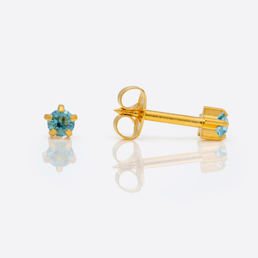 Prong Set Birthstone Universal Flatpack Piercing Studs - Gold Plated  - March Aquamarine Crystal - Regular Adaptor