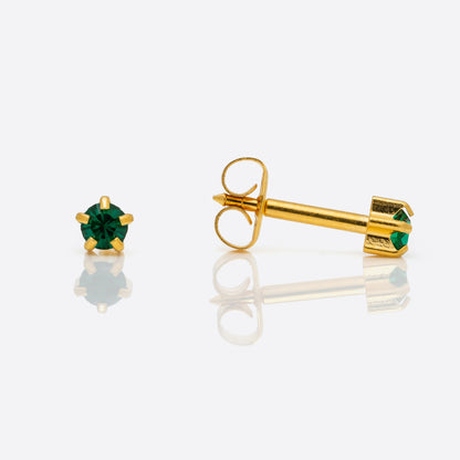 Prong Set Birthstone Universal Flatpack Piercing Studs - Gold Plated  - May Emerald Crystal - Regular Adaptor