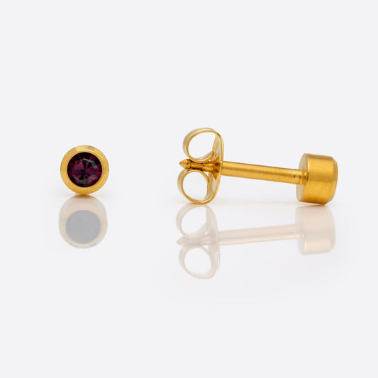 Bezel Set Birthstone Universal Flatpack Piercing Studs - Gold Plated - February Amethyst Crystal - Regular Adaptor