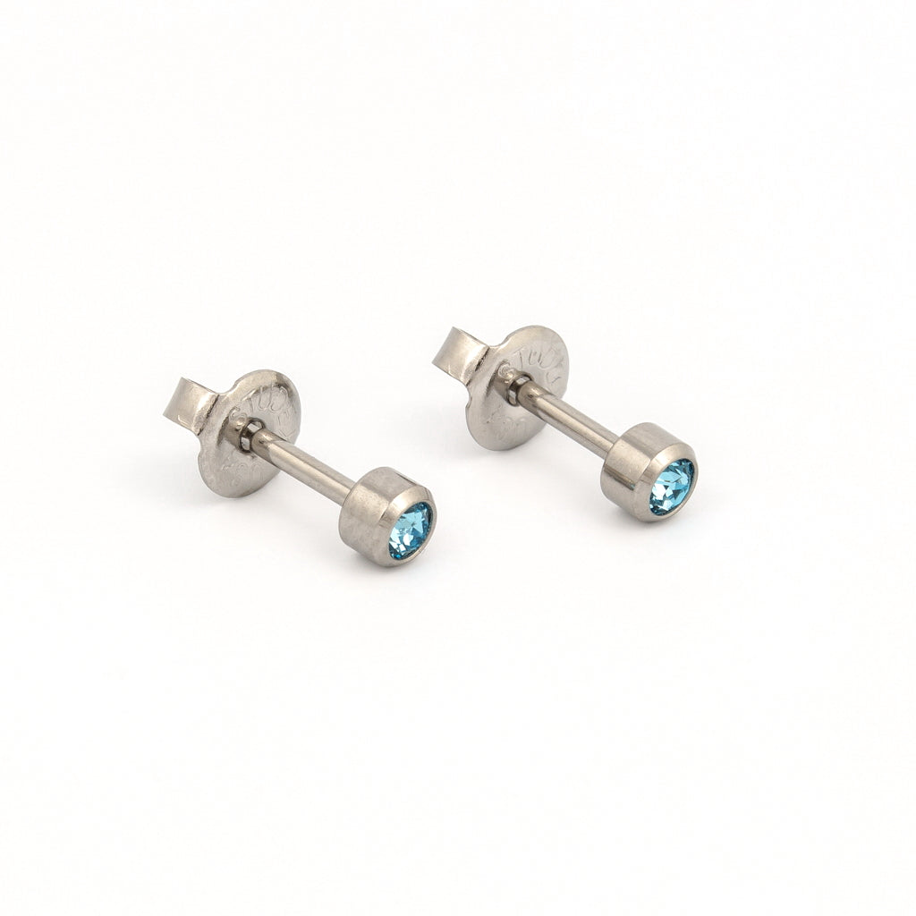 Bezel Set Birthstone Universal Flatpack Piercing Studs - Stainless Steel - March Aquamarine Crystal - Regular Adaptor