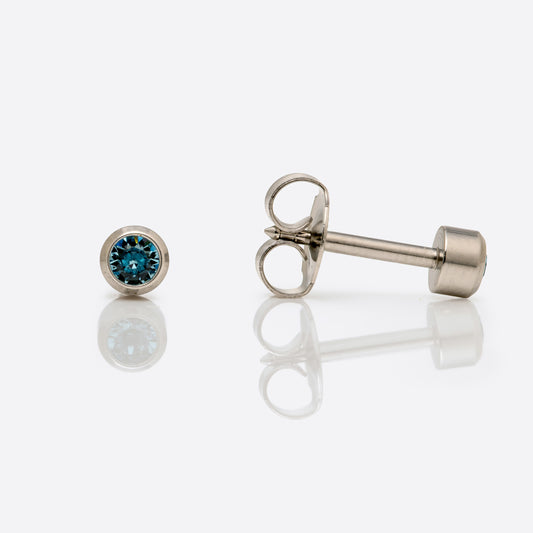 Bezel Set Birthstone Universal Flatpack Piercing Studs - Stainless Steel - March Aquamarine Crystal - Regular Adaptor