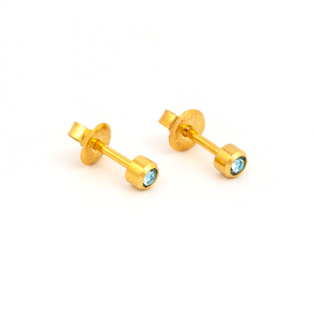 Bezel Set Birthstone Universal Flatpack Piercing Studs - Gold Plated - March Aquamarine Crystal - Regular Adaptor