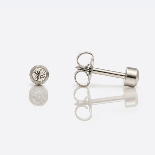 Bezel Set Birthstone Universal Flatpack Piercing Studs - Stainless Steel - April Clear Crystal - Regular Adaptor