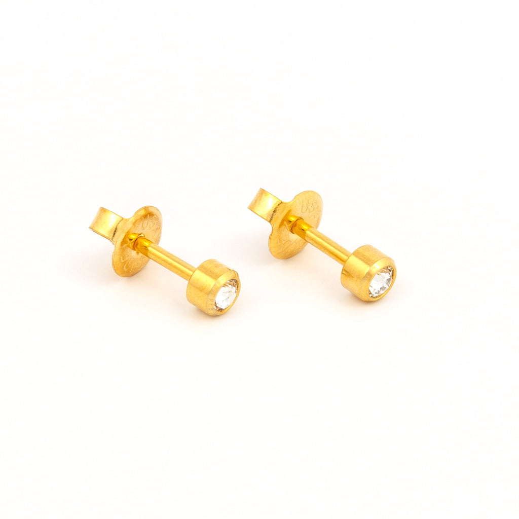 Bezel Set Birthstone Universal Flatpack Piercing Studs - Gold Plated- April Clear Crystal - Regular Adaptor