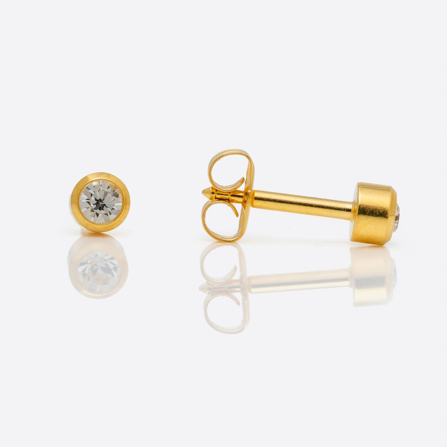 Bezel Set Birthstone Universal Flatpack Piercing Studs - Gold Plated- April Clear Crystal - Regular Adaptor
