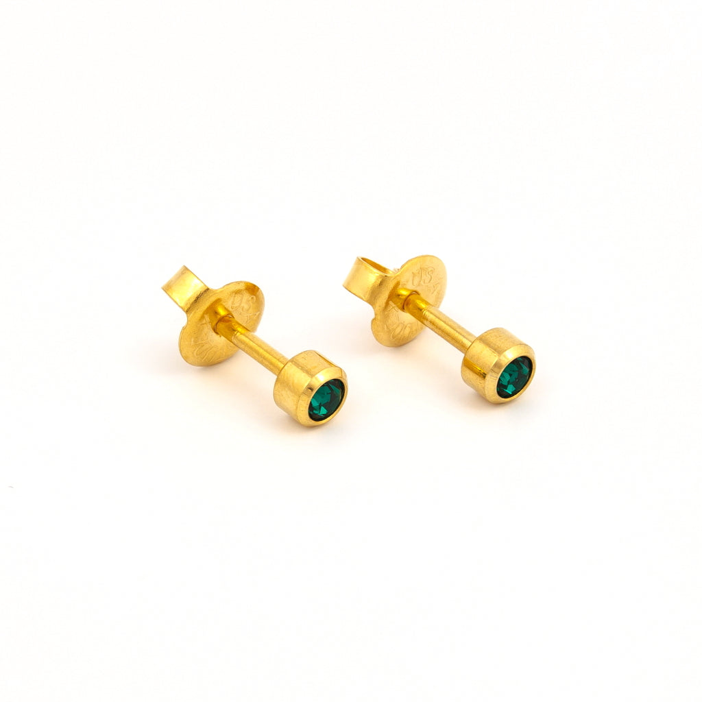 Bezel Set Birthstone Universal Flatpack Piercing Studs - Gold Plated - May Emerald Crystal - Regular Adaptor