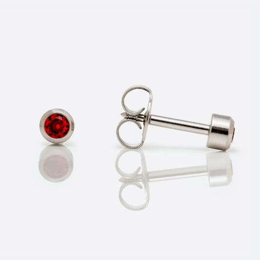 Bezel Set Birthstone Universal Flatpack Piercing Studs - Stainless Steel - July Ruby Crystal - Regular Adaptor