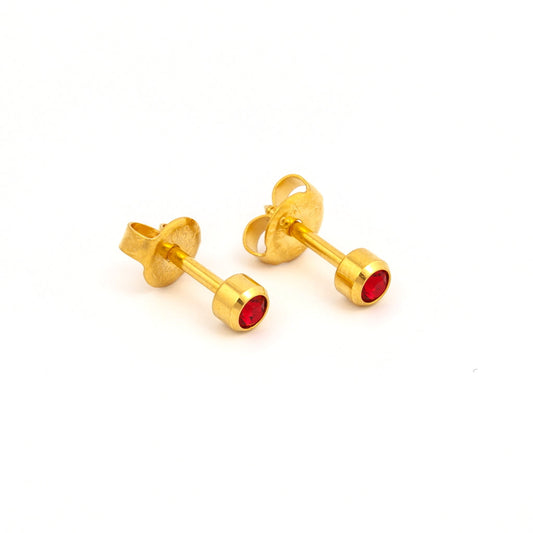 Bezel Set Birthstone Universal Flatpack Piercing Studs - Gold Plated - July Ruby Crystal - Regular Adaptor